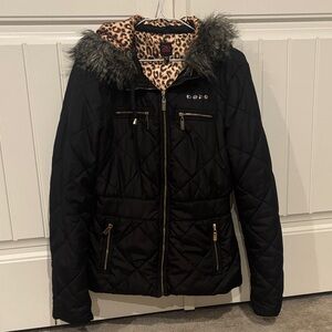 2B Bebe Black Quilted Ruffle Jacket with Faux Fur Hood